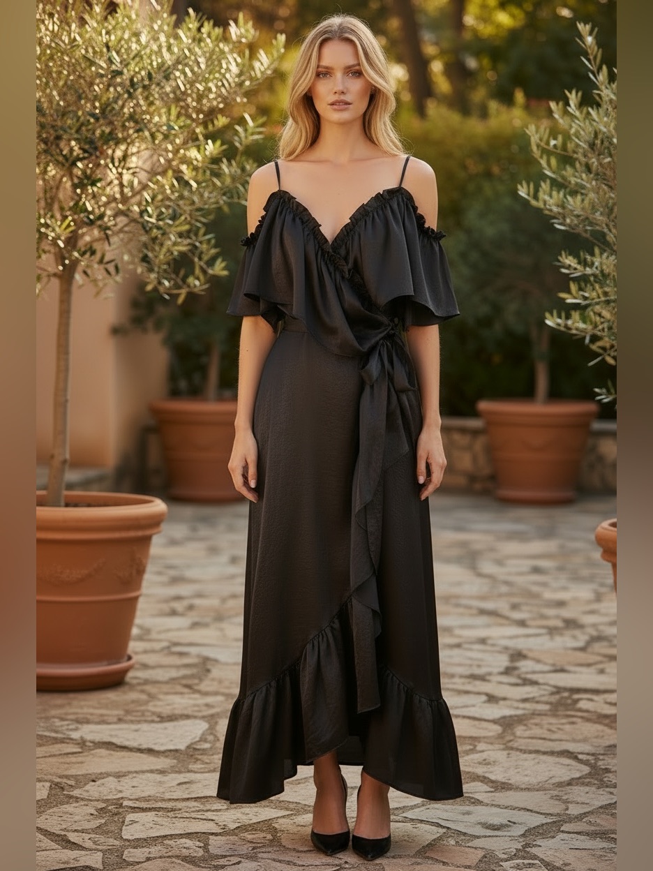 Nwt Misa Greta Black Ruffle Maxi Wrap Sexy Dress Xs